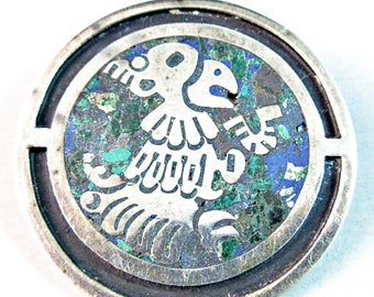 Vintage 1950's Taxco-F.TORRES-Azurite Mosaic-Mayan Aztec Hieroglyph Parrot Sterling Pin/Pendant-Eagle 3