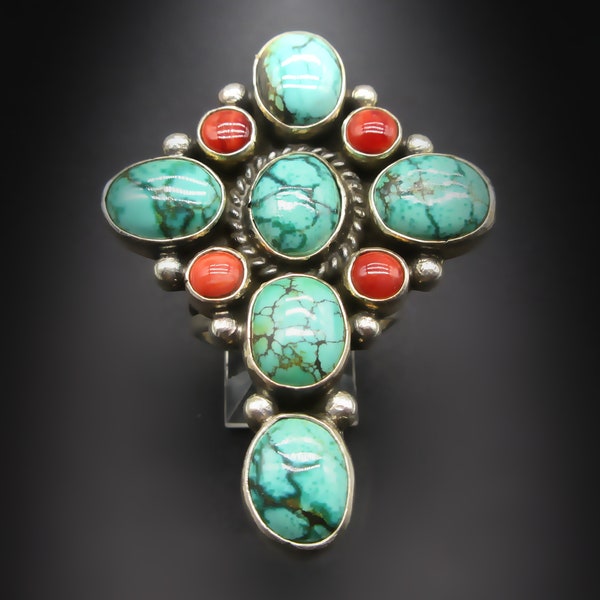 Navajo Artisan-LINDA YAZZIE-Green Teal Colored-Sonoran Turquoise Cross Ring with Red Spiny Oyster Accents-Size 8-3/4