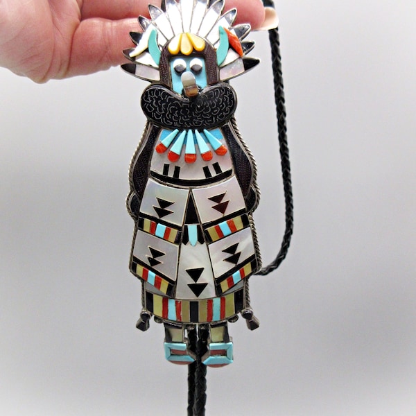 Vintage "Adrian Wallace"-Mosaic Inlaid-Sterling 5-3/4" Impeccablely Designed Zuni Pueblo SHALAKO-Leather Bolo Tie-A Piece of Art!