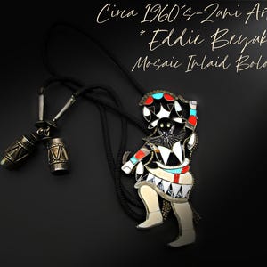 Highly Collectible-The Late Zuni Puebloan Artist-EDDIE BEYUKA-Circa 60's-70's Exquisite Mosaic Inlaid "GAAN Dancer" Bolo Tie with Drum Tips!