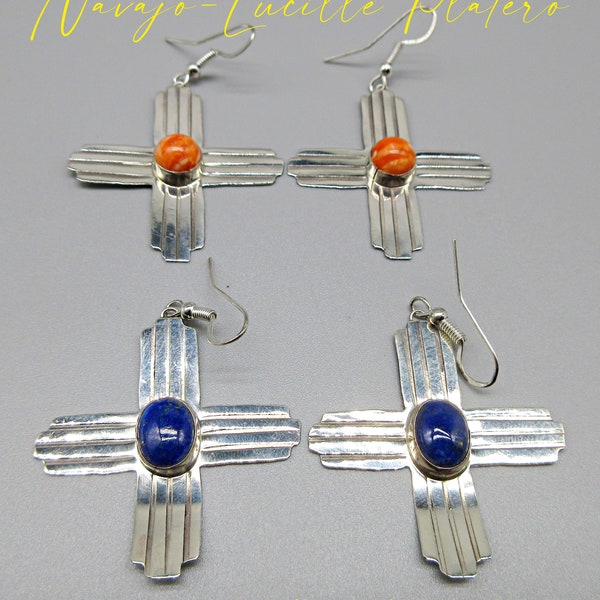 Navajo Made by LUCILLE PLATERO Hand Fabricated-New Mexico "Zia" Cross Charm 925 Earrings-Choose from Spiny Oyster OR Lapis!