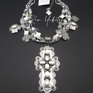 Kim Yubeta-Santa Fe Elegance!-3 Strand-&quot;CROSSES & PEARLS&quot; Theme-Charm Necklace with Faceted Rock Crystal-6-1/4&quot; Mabe Pearl Cross!