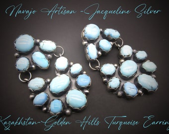 Navajo Artisan-JACQUELINE SILVER-Beautifully Designed-Powder Blue Kazakhstan Golden Hills Turquoise Cluster Earrings