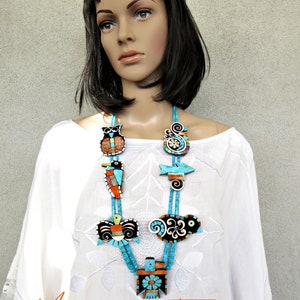 Kewa Pueblo Folk Art Artisan-Mary Tafoya-EXCEPTIONAL MOSAIC ART-Multi Bird Squash Blossom-2 Strand Turquoise Beaded Necklace-35&quot;