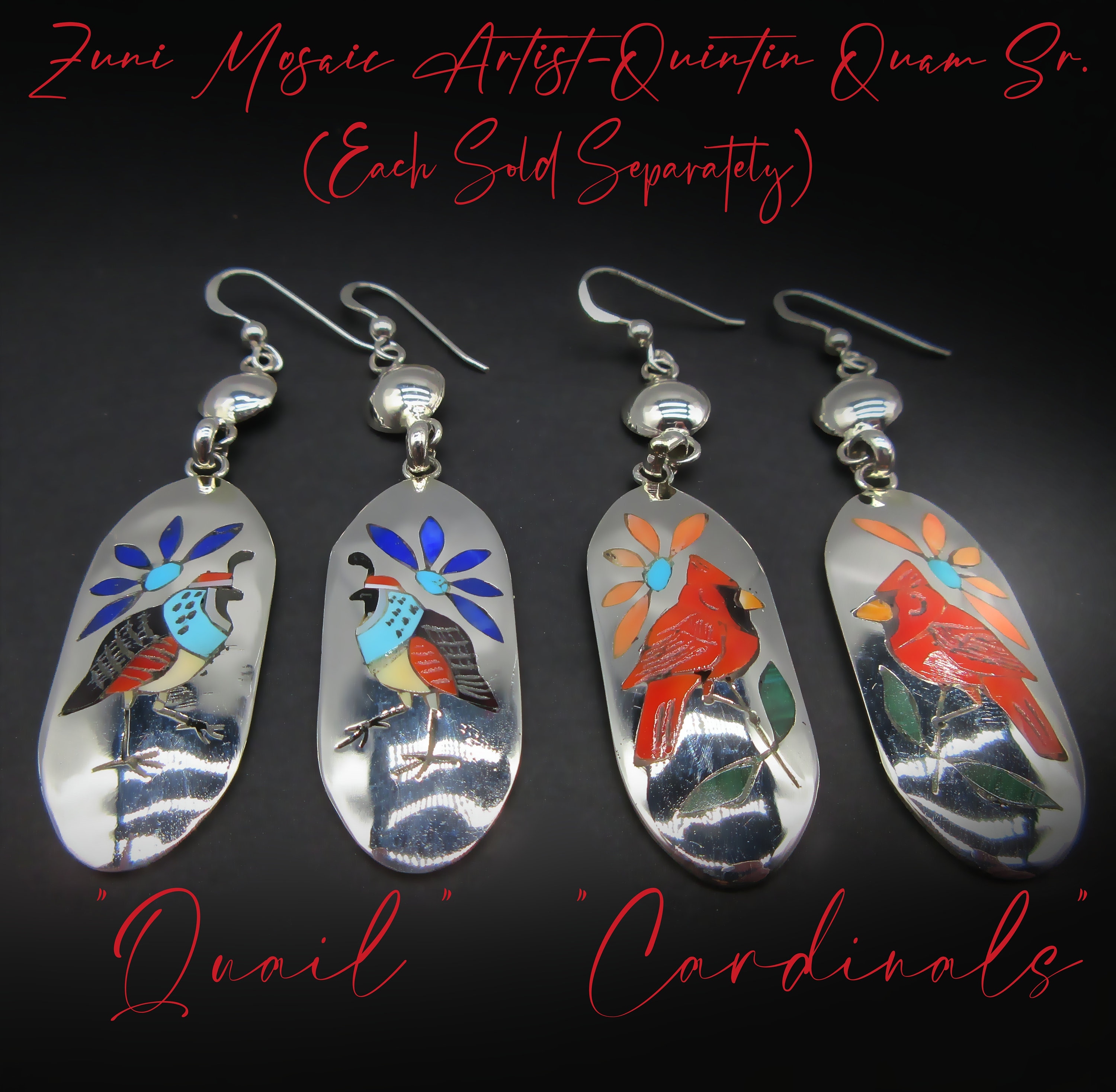 Master Zuni Puebloan Artist-QUINTIN QUAM SR.-Intricately Flush Mosaic Inlaid Sterling Bird Earrings-Choice of Red Coral Cardinals Or Quails!