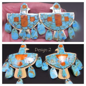 Kewa Pueblo Artist-WARREN NIETO-Ancestral Puebloan Inspired-Turquoise Mosaic-Melon Shell THUNDERBIRD Earrings-String Connected Tab Dangles