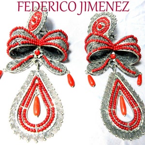 Federico Jimenez~OVER THE TOP~Phenomenal-Massively Large/Long~Oaxaca &quot;El Jardin&quot;~925~Coral~Filigree~Earrings~5-1/2&quot;-3.2 Ounces!