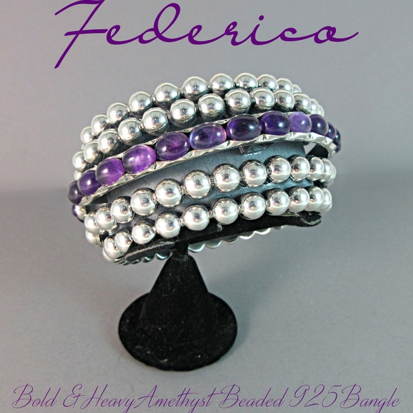 FEDERICO JIMENEZ-Big/Bold/Statement Size-Channel Set Amethyst-Sterling Beaded Open/Close Bangle Bracelet-Over 7 Ounces!