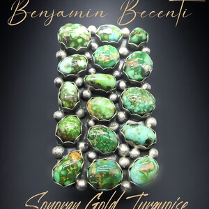 May include: A silver ring with a cluster of turquoise stones set in a silver setting. The stones are a variety of shades of green and blue. The ring is labeled "Navajo Artisan Benjamin Becenti" and "Somoran Gold Turquoise Cluster Ring".