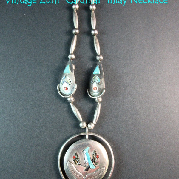 Vintage Zuni  Pueblo Artist "J QUAM"~Mosaic Inlay~Turquoise or Coral Cardinal "Spinner" Reversible 925 Necklace
