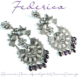 FEDERICO JIMENEZ-Amethyst & Kissing Love Birds~LONG Sterling Romantic Oaxaca Wedding Earrings-3-7/8&quot;