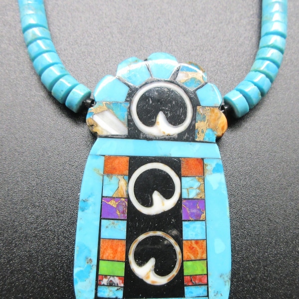 Kewa Pueblo Artist-MARY TAFOYA-Mosaic Inlay-Abstract Kachina Maiden-Vibrant Blue Kingman Turquoise-Colorful Folk Art Style Necklace-19"