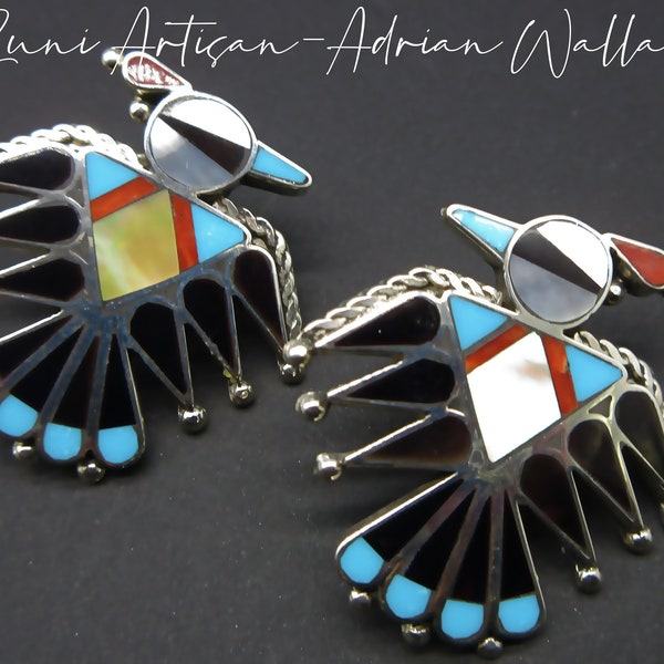 Zuni Artisan-ADRIAN WALLACE-Picturesque THUNDERBIRD Inlaid Sterling Earrings