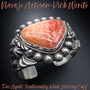 Navajo Artisan-&quot;Rick Werito&quot;-FIRE AGATE-Heavily Oxidized-Ornate Embellished Traditional Navajo Sterling Cuff-For 6-7/8&quot; Wrist-WOW Factor!