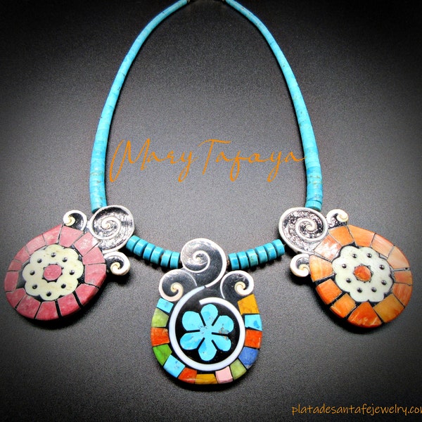 Kewa Pueblo Folk Art Artisan-MARY TAFOYA-Kingman Turquoise-3 Panel-Mosaic Inlay-Whimsical Wearable Art-LADYBUG Necklace-19"