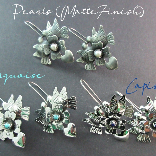 San Miguel de Allende/Taxco  Artisan-MARIA BELEN ~Dainty~Romantic -" Doves of Love"~925 Earrings~3 Colored Stone Choices!