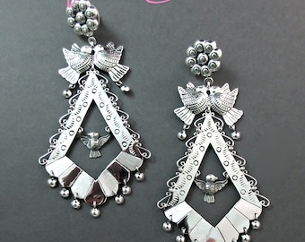 Taxco Artisan-Maria Belen~ Traditional Mexican-Long Triangular Shape-925 Love Bird Dangle Earrings-Wedding Earrings-Bridal Jewelry