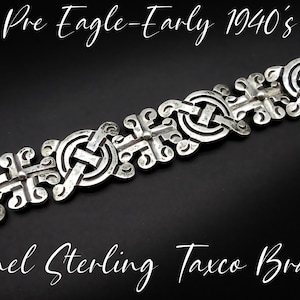 May include: An 8 panel sterling Taxco bracelet with an intricate design. The bracelet is made of silver and has a vintage look. The text "Pre Eagle-Early 1940's" is above the bracelet and the text "8 Panel Sterling Taxco Bracelet" is below the bracelet.
