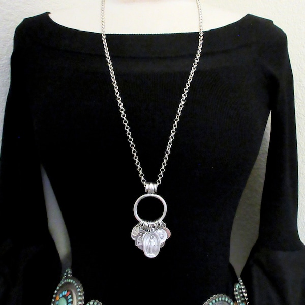 Distressed "SANTOS/Religious/DEVOTIONAL ART"-New Mexico Style -Silver Tone 14 Charm Necklace-With Extender Chain-33" Range