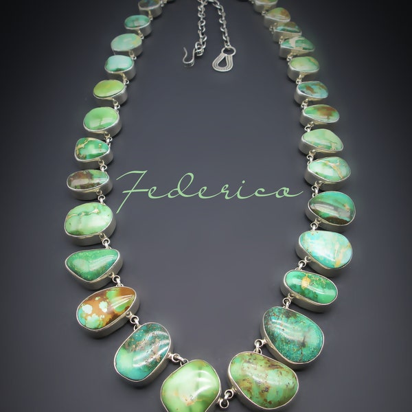 Federico Jimenez-Natural Green Royston Turquoise "Sampler"-Classic 31 Single Stone-Sterling Panel Necklace-36" Long!