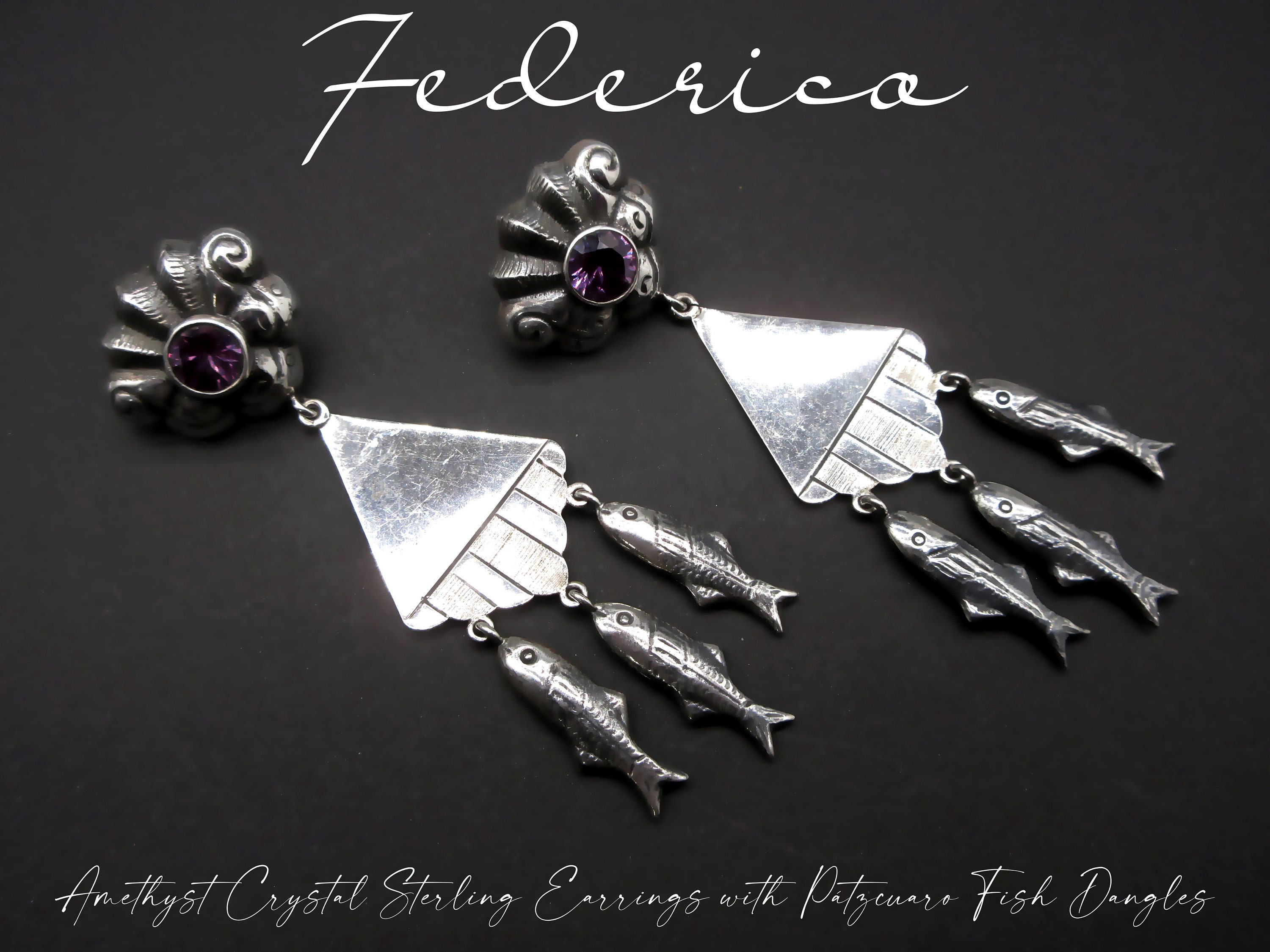 Federico Jimenez-mexican Theme-early Matl Style-amethyst Crystal Sterling  Earrings With Pátzcuaro Fish Dangles-3.50 - Etsy