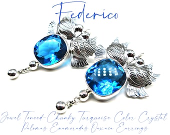 FEDERICO JIMENEZ-GORGEOUS Jewel Tone-Faceted Turquoise Colored Crystal-Oaxaca &quot;Palomas Enamoradas&quot; Jumbo Sterling Earrings-Posts or Wire!