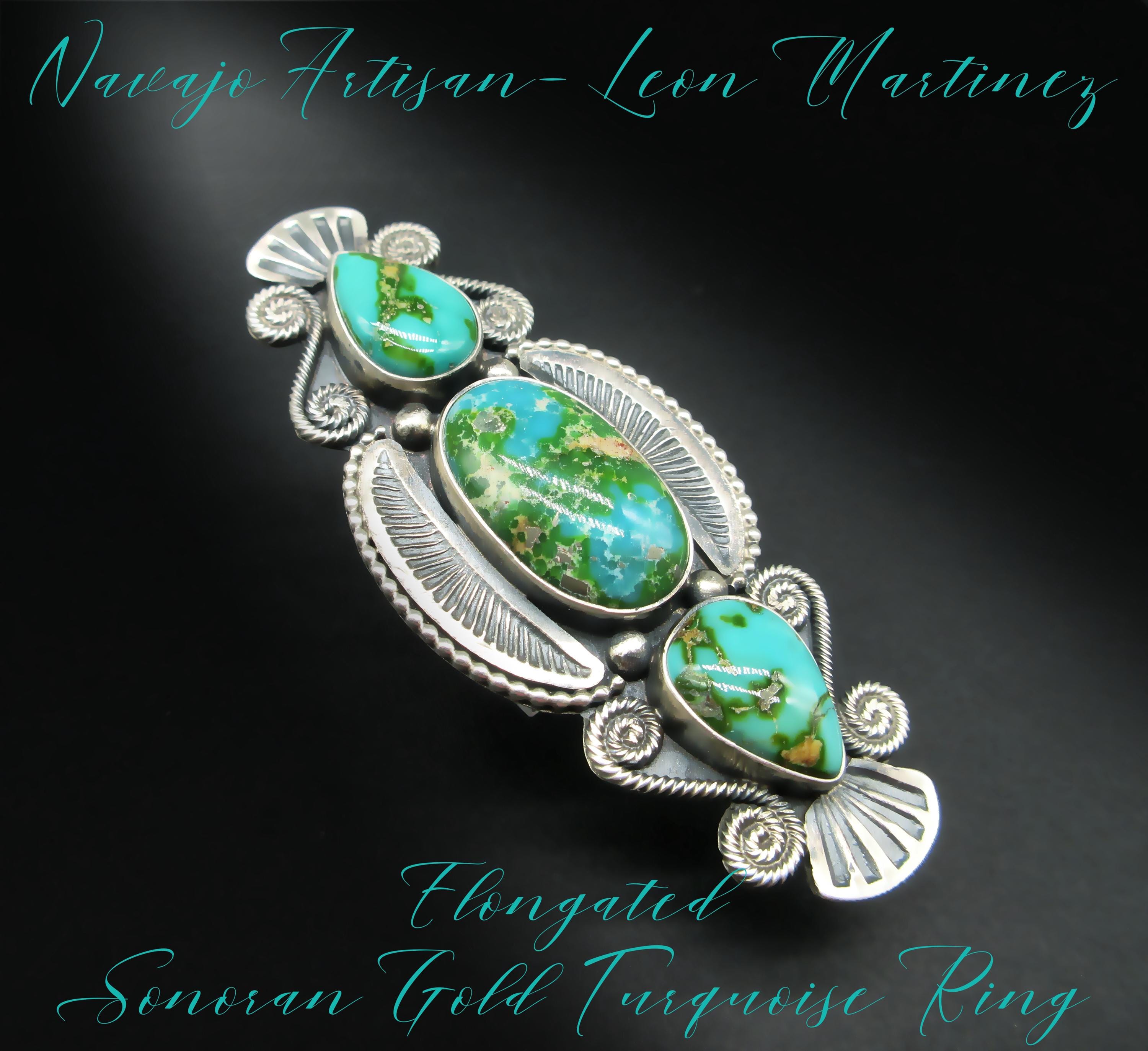 Navajo Artisan-LEON MARTINEZ- Extra Long- 3 Stone Polychrome Sonoran Gold Turquoise-Matte/Satin Finished Sterling Ring-ADJ. 7.5--3.25" Long!