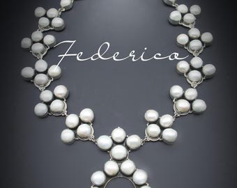 Federico Jimenez-Sophisticated and Elegant-Ultra Modern -Super Chunky Fresh Water White Pearls/ Sterling-Squash Blossom Necklace