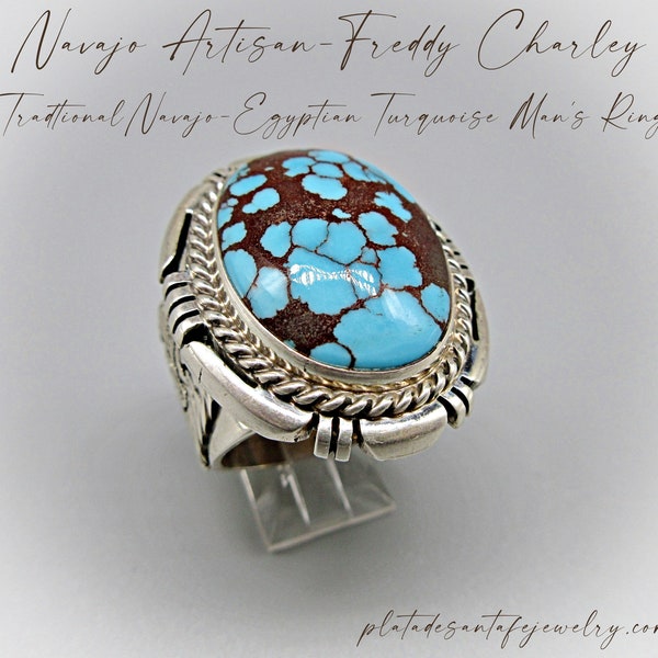 Traditional Navajo Made-FREDDY CHARLEY-Handsome/Masculine Egyptian Turquoise-Eagle Designed Shank-925 Ring~Size 11-1/4