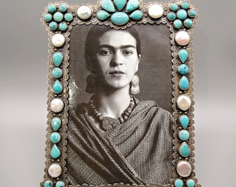 SALE-NORM: 4500-Federico Jimenez-Hand Tooled/Made-Turquoise Cluster/Pearl-STERLING Picture Frame-Wedding Gift/Western Decor! (For 5" X 7")