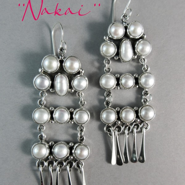 Navajo~Gilo & Grace Nakai~~Contemporary Style-Triple Tier-Pearl Cluster 925 Dangle Earrings~Feminine~Bridal,Wedding,Mother of Bride -3-1/4"