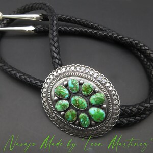 Traditional Navajo Artisan-LEON MARTINEZ-Intense PREMIUM Green Sonoran Gold Turquoise-Heavy Gauge 925 Concho Bolo Tie-43" Long