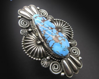 Navajo Artisan-DERRICK GORDON-EXQUISITE Navajo Metal Art! Heavily Embellished Kazakhstan-Golden Hills Turquoise/Sterling Ring-Size 9-1/4