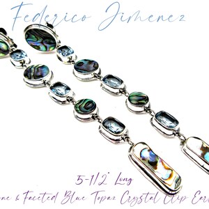 May include: Abalone and faceted blue topaz crystal clip earrings. The earrings are 5-1/2 inches long.