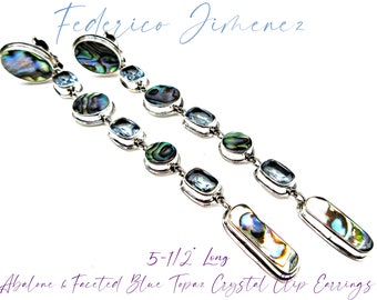 Federico Jimenez-XXLONG GLAMOROUS- Abalone with Faceted Blue Topaz Crystal Accents-Shoulder Sweeper 7 Tier CLIP Earrings-5-1/2"!