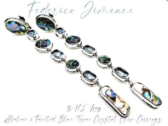 Federico Jimenez-XXLONG GLAMOROUS- Abalone with Faceted Blue Topaz Crystal Accents-Shoulder Sweeper 7 Tier CLIP Earrings-5-1/2"!