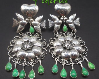 Federico Jimenez-SPECTACULAR-Jumbo "Amor Eterno-Palomas Enamoradas"-Carico Lake Turquoise Oaxaca Earrings-Posts OR Clip On!  BEAUTIFUL!