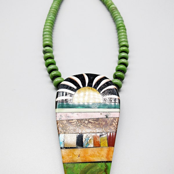 Kewa Pueblo Folk Art Artisan-Mary Tafoya-Colorful-Mosaic Inlaid Mutli Color "SUNRISE" New Green Jade Serpentine Necklace