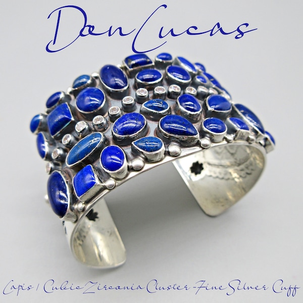 DON LUCAS-Glamorous Urban Southwest Couture-Lapis-Cubic Zirconia (CZ) Cluster Cuff-Made with .999 "Fine/Pure" Silver-For 7" Wrist