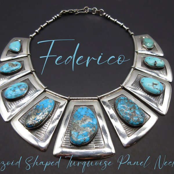 FEDERICO JIMENEZ-Exquisite-9 Panel Trapezoid Shape-Morenci & Kingman Turquoise-Cleopatra Collar Sterling Necklace