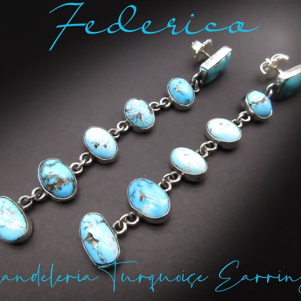 Federico Jimenez-Gorgeous Blue!! Natural Candelaria Turquoise-6 Stone Elegant Drop Sterling Earrings  3-5/8"