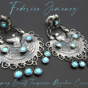 Romantic FEDERICO JIMENEZ-Hand Made Sleeping Beauty Turquoise- Sterling Paloma Mazahua Earrings-Very Wearable!