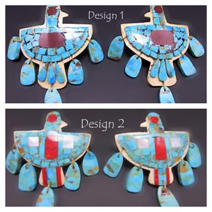 May include: Two pairs of bird-shaped pendants featuring mosaic inlay. Design 1 displays turquoise and dark red stone pieces. Design 2 features turquoise, white, and bright red stone inlays. Each pendant has dangling turquoise stone accents.