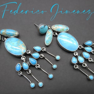 FEDERICO JIMENEZ- STUNNING Cluster Designed-Natural Pilot Mountain/Sleeping Beauty Turquoise-925 Dangle Earrings-3-1/4&quot;