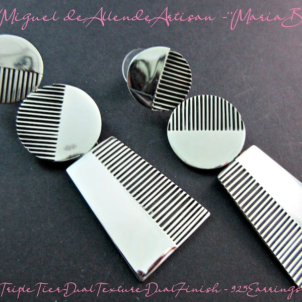 Taxco/San Miguel de Allende Mexican Designer- "MARIA BELEN" -Contemporary Dual Shape/ Dual Texture/Dual Finish - 925 Earrings-2-3/4"