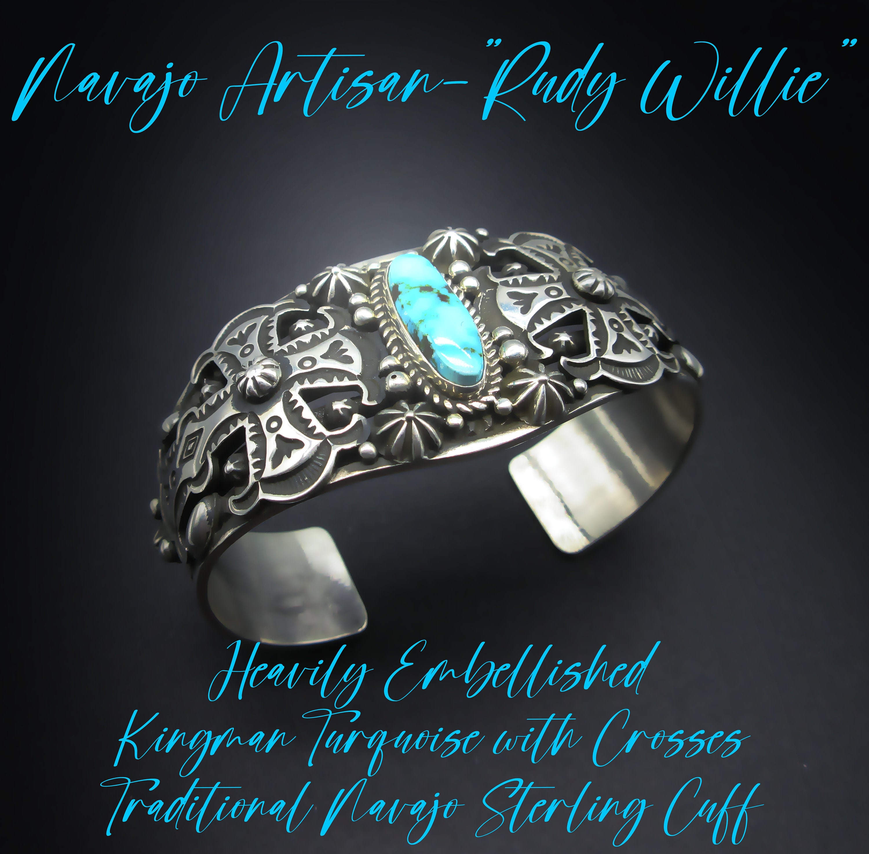 Eye Catching Native American Navajo Old Kingman Turquoise Sterling Silver Concho Ring Eye Catching Native American Navajo Old Kingman Turquoise Sterling Silver Concho Ring