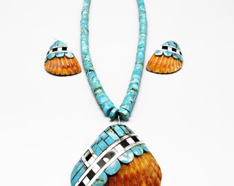 Traditional Kewa Puebloan Artist-WARREN NIETO-Kingman Turquoise Mosaic on Pecten Shell-Matching Necklace and Earring SET!