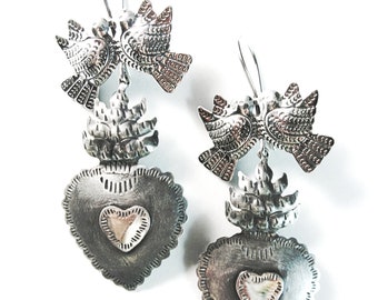 María Belén~Flaming Sacred Heart /Dove ~Oxidized 925 Mexican "Amor Eterno" Earrings