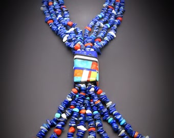 Kewa Puebloan Artist-Torevia Crespin-Traditional Pueblo-Multi Strand Lapis Nugget Necklace-Reversible Mosaic Inlaid Center