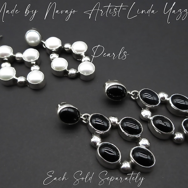Navajo Artisan-LINDA YAZZIE-Contemporary Diamond Shape Sterling Earrings-Choose between Pearls OR Black Onyx!